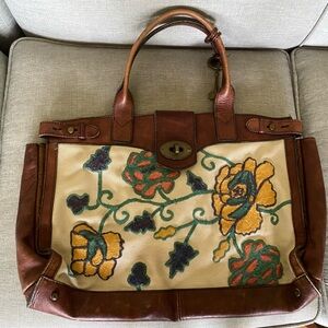 Fossil Brown and Yellow Tote with Leather Accents